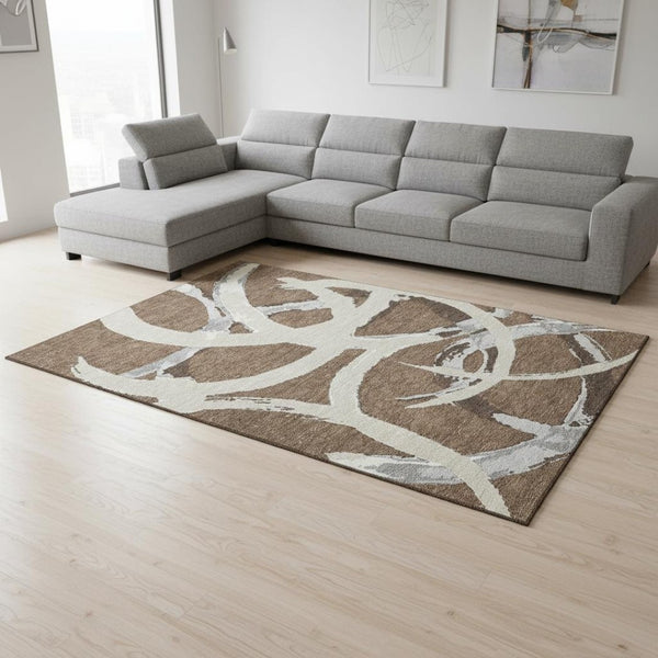 HomeRoots 10' Modern Abstract Washable Area Rug in Brown, Beige & Gray - Durable, UV Protected, Easy-Care Design 680241