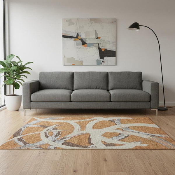 HomeRoots 5' X 8' Copper Beige and Gray Abstract Rug – Washable, UV-Protected, Durable for Family Spaces! 680243