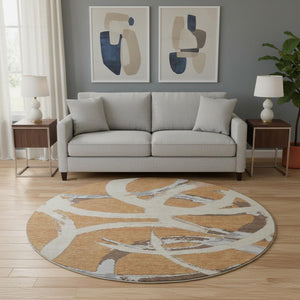 HomeRoots 8' Stylish Abstract Round Rug in Copper, Beige & Gray – Washable, UV-Protected, Perfect for High-Traffic Areas! 680244