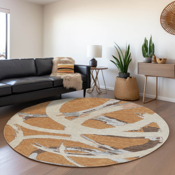 HomeRoots 8' Stylish Abstract Round Rug in Copper, Beige & Gray – Washable, UV-Protected, Perfect for High-Traffic Areas! 680244