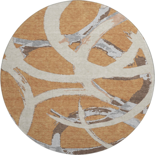 HomeRoots 8' Stylish Abstract Round Rug in Copper, Beige & Gray – Washable, UV-Protected, Perfect for High-Traffic Areas! 680244