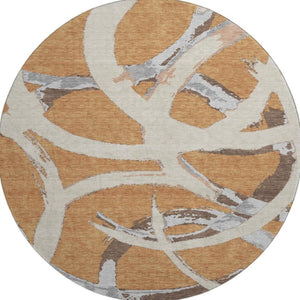 HomeRoots 8' Stylish Abstract Round Rug in Copper, Beige & Gray – Washable, UV-Protected, Perfect for High-Traffic Areas! 680244