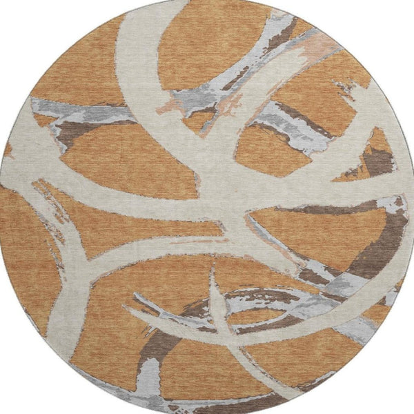 HomeRoots 8' Stylish Abstract Round Rug in Copper, Beige & Gray – Washable, UV-Protected, Perfect for High-Traffic Areas! 680244