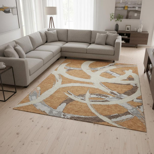HomeRoots 9' X 12' Copper Beige & Gray Abstract Area Rug - Washable, Stain Resistant, UV Protected for Homes 680246
