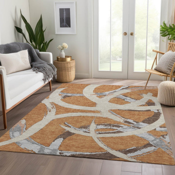 HomeRoots 9' X 12' Copper Beige & Gray Abstract Area Rug - Washable, Stain Resistant, UV Protected for Homes 680246
