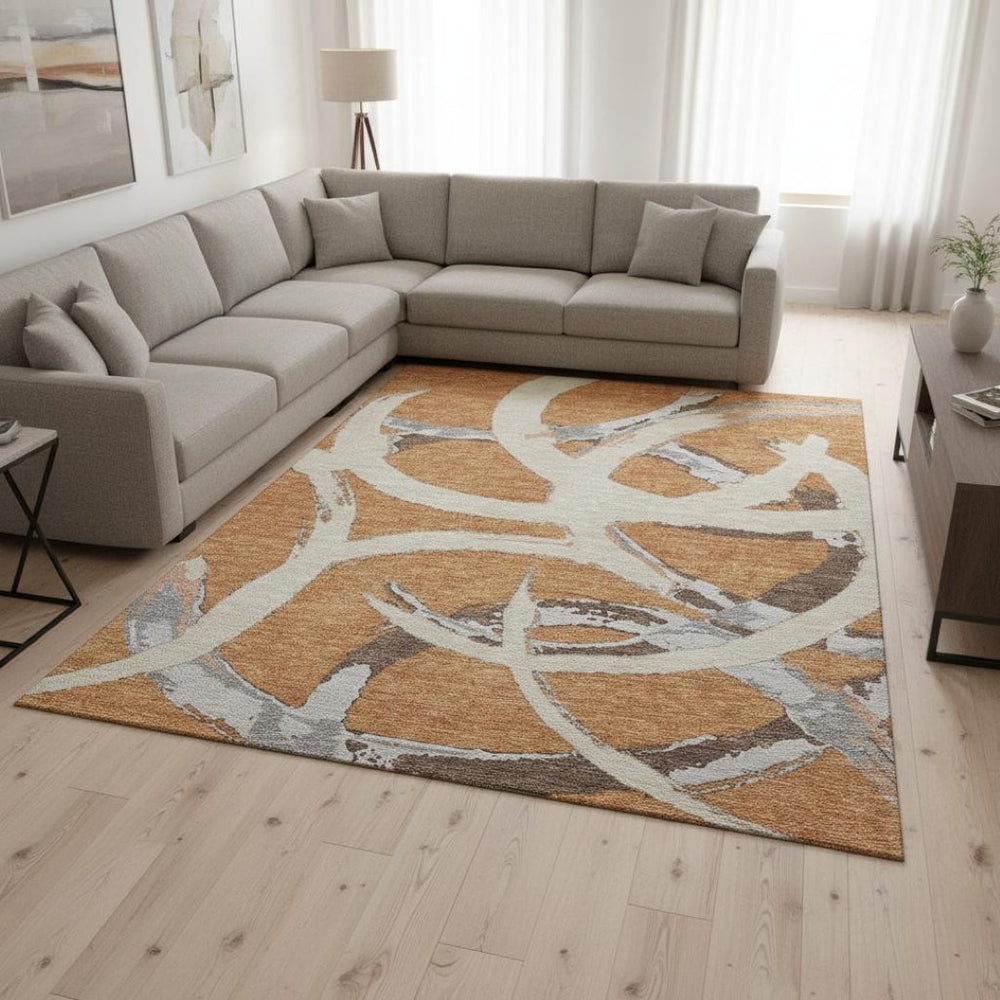 HomeRoots 10' X 14' Copper Beige & Gray Abstract Washable Area Rug with Stain Resistance & UV Protection 680247