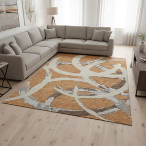 HomeRoots 10' X 14' Copper Beige & Gray Abstract Washable Area Rug with Stain Resistance & UV Protection 680247