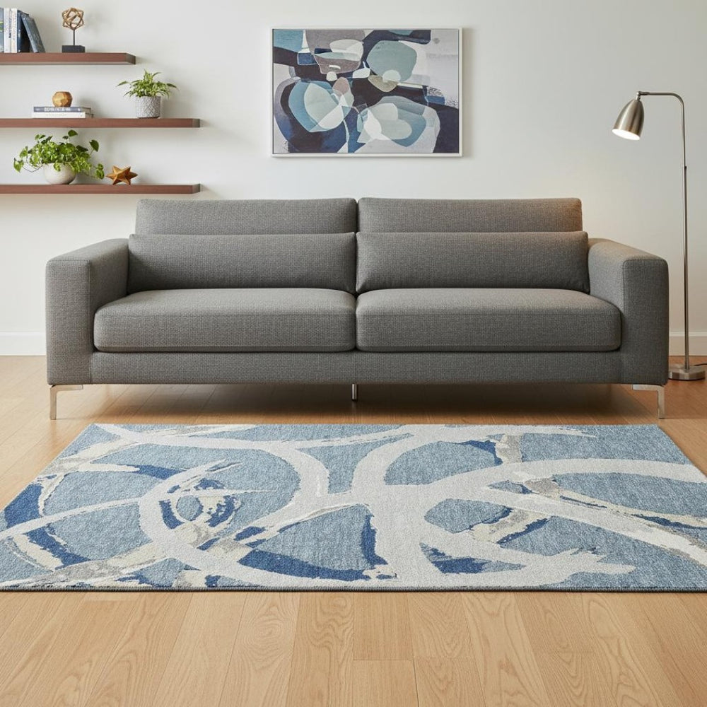 HomeRoots 5' X 8' Denim Blue Gray Ivory Abstract Area Rug - Washable, Stain Resistant & UV Protected Decor Piece 680249