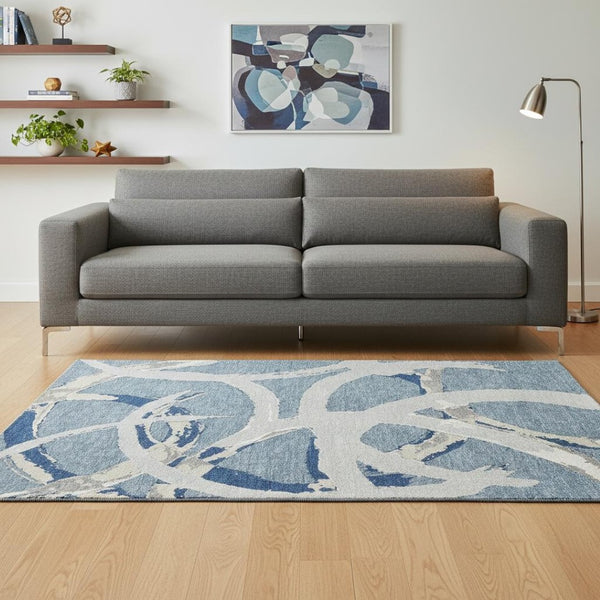HomeRoots 5' X 8' Denim Blue Gray Ivory Abstract Area Rug - Washable, Stain Resistant & UV Protected Decor Piece 680249