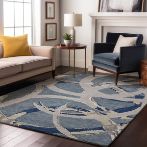 HomeRoots 5' X 8' Denim Blue Gray Ivory Abstract Area Rug - Washable, Stain Resistant & UV Protected Decor Piece 680249