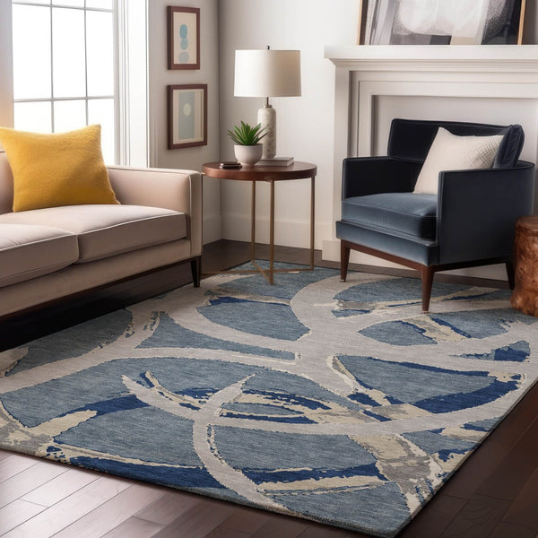HomeRoots 5' X 8' Denim Blue Gray Ivory Abstract Area Rug - Washable, Stain Resistant & UV Protected Decor Piece 680249