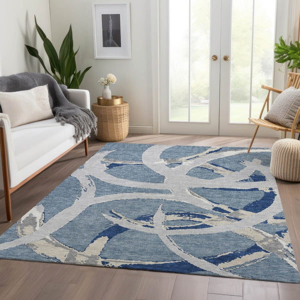 HomeRoots 5' X 8' Denim Blue Gray Ivory Abstract Area Rug - Washable, Stain Resistant & UV Protected Decor Piece 680249