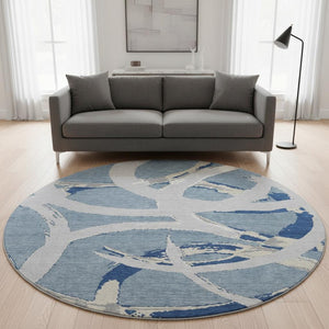 HomeRoots 8' Washable Round Rug in Denim Blue, Gray & Ivory - UV Protected, Durable & Stylish for Any Room 680250