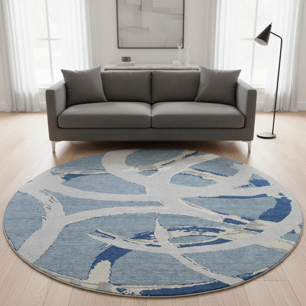 HomeRoots 8' Washable Round Rug in Denim Blue, Gray & Ivory - UV Protected, Durable & Stylish for Any Room 680250