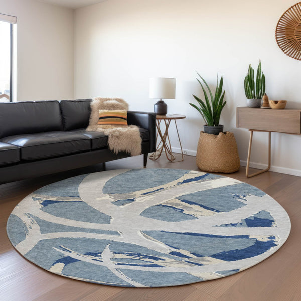 HomeRoots 8' Washable Round Rug in Denim Blue, Gray & Ivory - UV Protected, Durable & Stylish for Any Room 680250