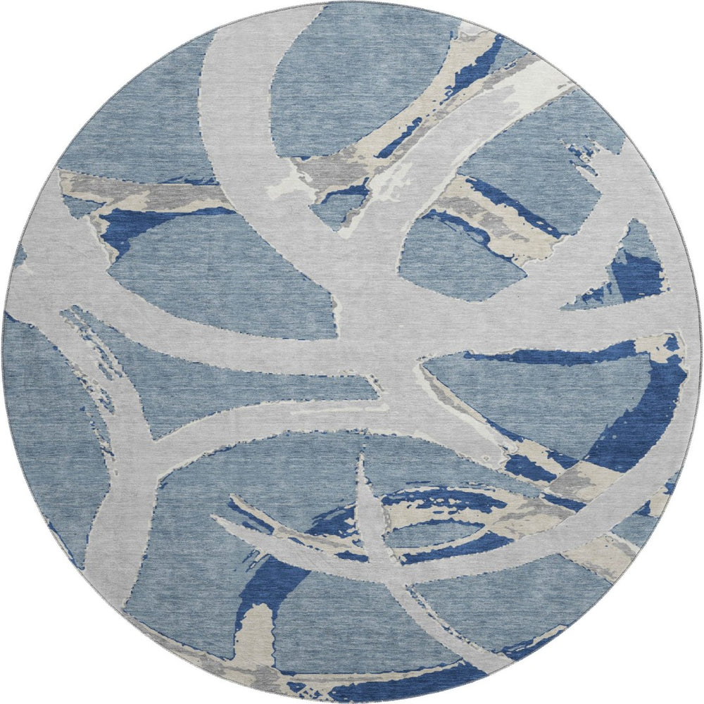 HomeRoots 8' Washable Round Rug in Denim Blue, Gray & Ivory - UV Protected, Durable & Stylish for Any Room 680250