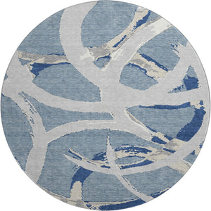 HomeRoots 8' Washable Round Rug in Denim Blue, Gray & Ivory - UV Protected, Durable & Stylish for Any Room 680250