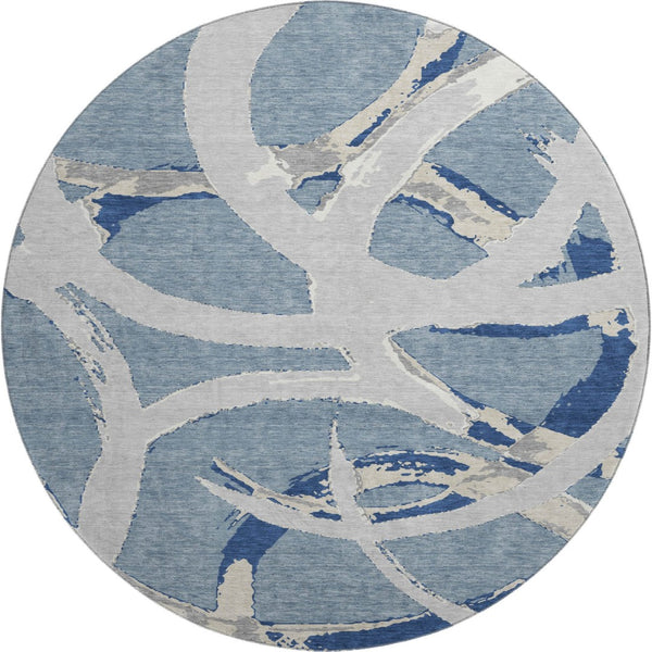HomeRoots 8' Washable Round Rug in Denim Blue, Gray & Ivory - UV Protected, Durable & Stylish for Any Room 680250