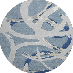 HomeRoots 8' Washable Round Rug in Denim Blue, Gray & Ivory - UV Protected, Durable & Stylish for Any Room 680250