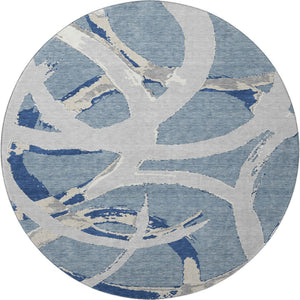 HomeRoots 8' Washable Round Rug in Denim Blue, Gray & Ivory - UV Protected, Durable & Stylish for Any Room 680250