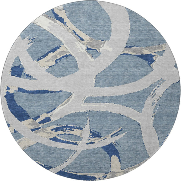 HomeRoots 8' Washable Round Rug in Denim Blue, Gray & Ivory - UV Protected, Durable & Stylish for Any Room 680250