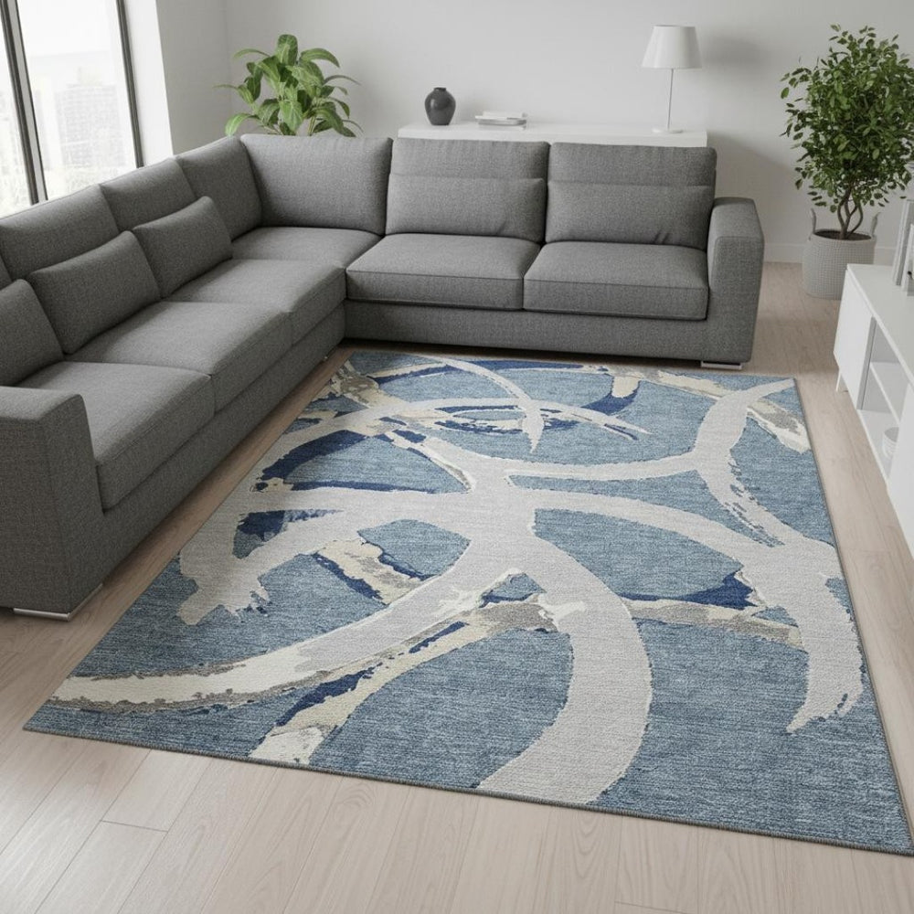 HomeRoots 8' X 10' Denim Blue Gray Ivory Abstract Area Rug - Soft, Durable, Stain-Resistant with UV Protection 680251