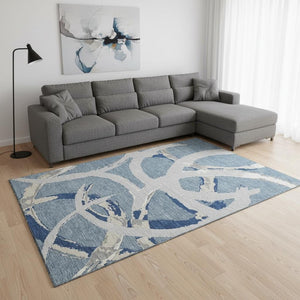 HomeRoots 9' X 12' Denim Blue Gray Ivory Abstract Area Rug - Washable, UV-Protected, Perfect for Family Spaces! 680252
