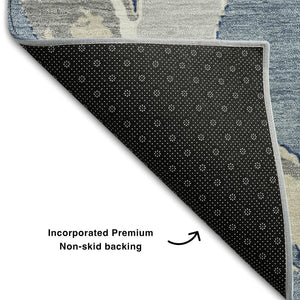 HomeRoots 9' X 12' Denim Blue Gray Ivory Abstract Area Rug - Washable, UV-Protected, Perfect for Family Spaces! 680252