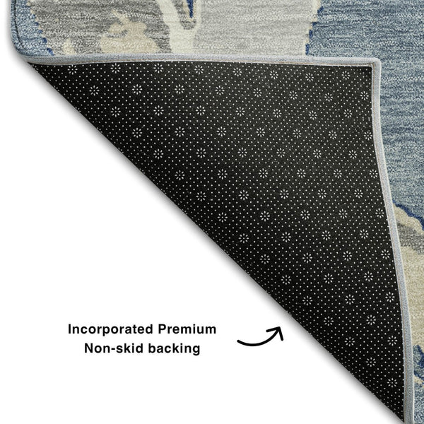 HomeRoots 9' X 12' Denim Blue Gray Ivory Abstract Area Rug - Washable, UV-Protected, Perfect for Family Spaces! 680252