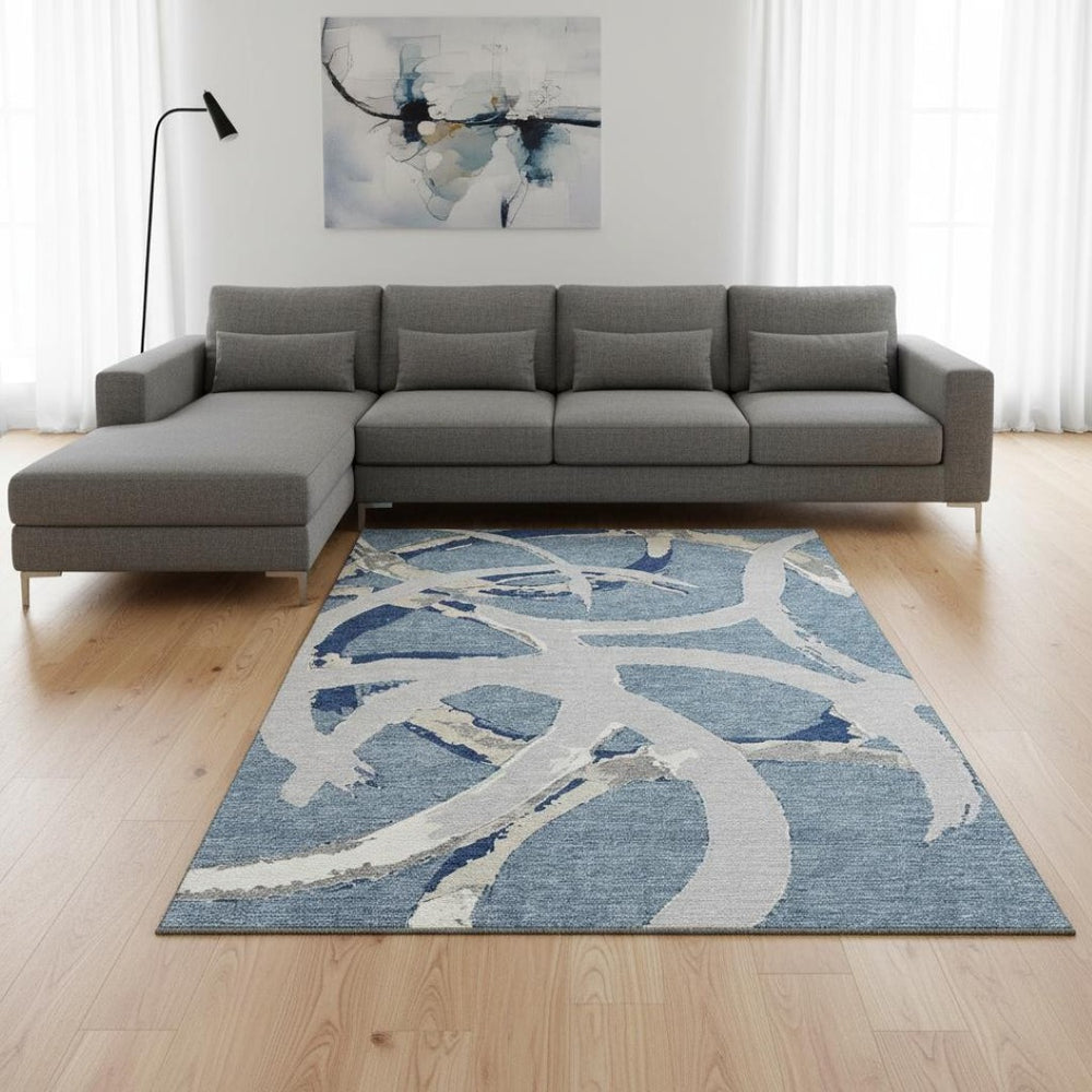 HomeRoots 10' Modern Abstract Denim Blue Gray Area Rug - Washable, UV-Protected & Stain-Resistant Design 680253