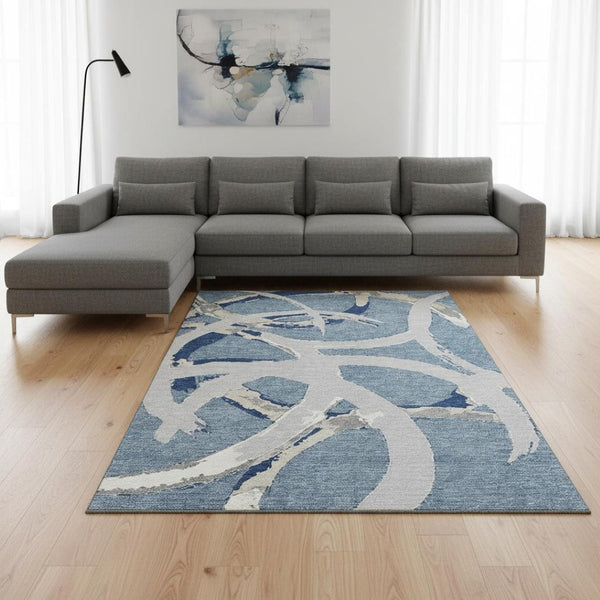HomeRoots 10' Modern Abstract Denim Blue Gray Area Rug - Washable, UV-Protected & Stain-Resistant Design 680253