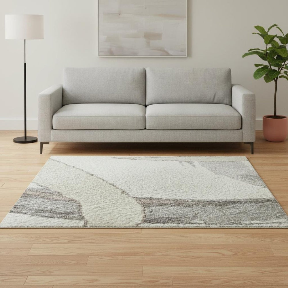 HomeRoots 5' X 8' Abstract Ivory Beige and Gray Washable Area Rug with UV Protection for Modern Homes 680255