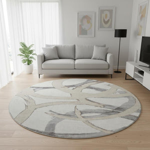 HomeRoots 8' Ivory Beige and Gray Abstract Round Washable Rug – Stain Resistant, UV Protected, Durable Design 680256