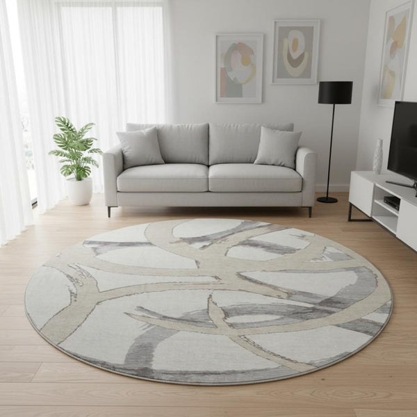 HomeRoots 8' Ivory Beige and Gray Abstract Round Washable Rug – Stain Resistant, UV Protected, Durable Design 680256
