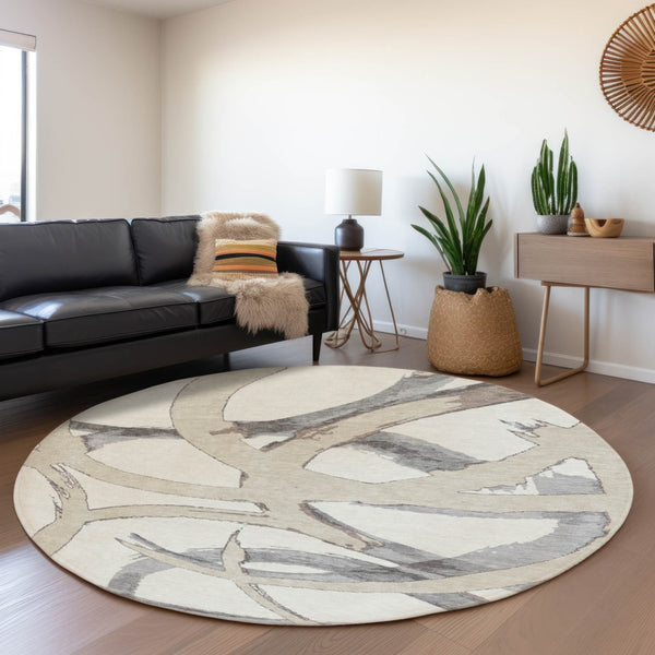 HomeRoots 8' Ivory Beige and Gray Abstract Round Washable Rug – Stain Resistant, UV Protected, Durable Design 680256