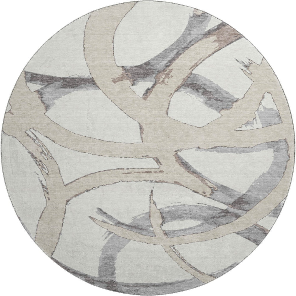 HomeRoots 8' Ivory Beige and Gray Abstract Round Washable Rug – Stain Resistant, UV Protected, Durable Design 680256