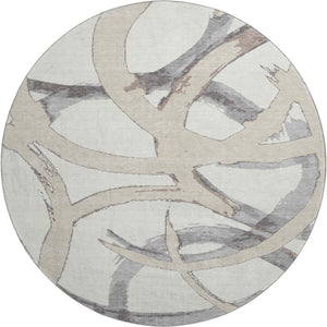 HomeRoots 8' Ivory Beige and Gray Abstract Round Washable Rug – Stain Resistant, UV Protected, Durable Design 680256