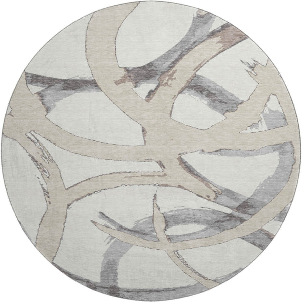 HomeRoots 8' Ivory Beige and Gray Abstract Round Washable Rug – Stain Resistant, UV Protected, Durable Design 680256