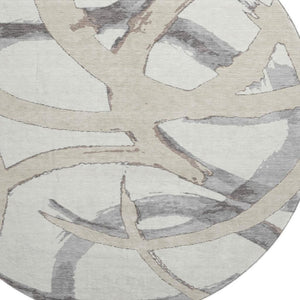 HomeRoots 8' Ivory Beige and Gray Abstract Round Washable Rug – Stain Resistant, UV Protected, Durable Design 680256