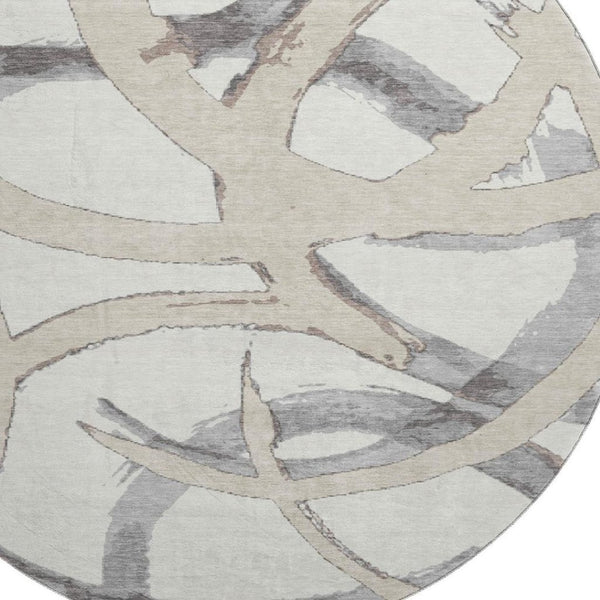 HomeRoots 8' Ivory Beige and Gray Abstract Round Washable Rug – Stain Resistant, UV Protected, Durable Design 680256