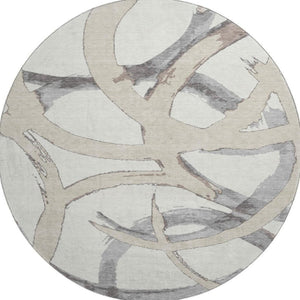 HomeRoots 8' Ivory Beige and Gray Abstract Round Washable Rug – Stain Resistant, UV Protected, Durable Design 680256