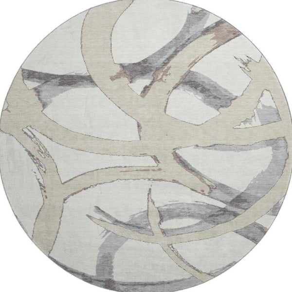 HomeRoots 8' Ivory Beige and Gray Abstract Round Washable Rug – Stain Resistant, UV Protected, Durable Design 680256