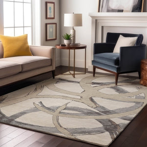 HomeRoots 8' X 10' Ivory, Beige & Gray Abstract Washable Area Rug - UV Protected, Stain Resistant, Durable Design 680257