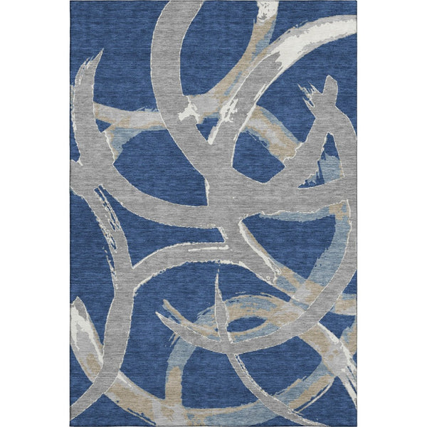 HomeRoots 5' X 8' Contemporary Navy Blue Gray Ivory Washable Area Rug with UV Protection for High Traffic Areas 680261