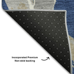 HomeRoots 5' X 8' Contemporary Navy Blue Gray Ivory Washable Area Rug with UV Protection for High Traffic Areas 680261
