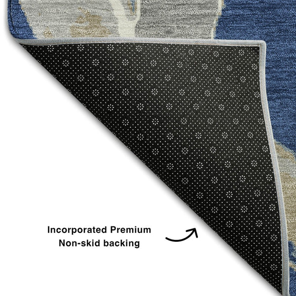 HomeRoots 5' X 8' Contemporary Navy Blue Gray Ivory Washable Area Rug with UV Protection for High Traffic Areas 680261