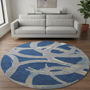 HomeRoots 8' Modern Abstract Washable Round Rug in Navy Blue, Gray & Ivory - UV Protected & Stain Resistant 680262