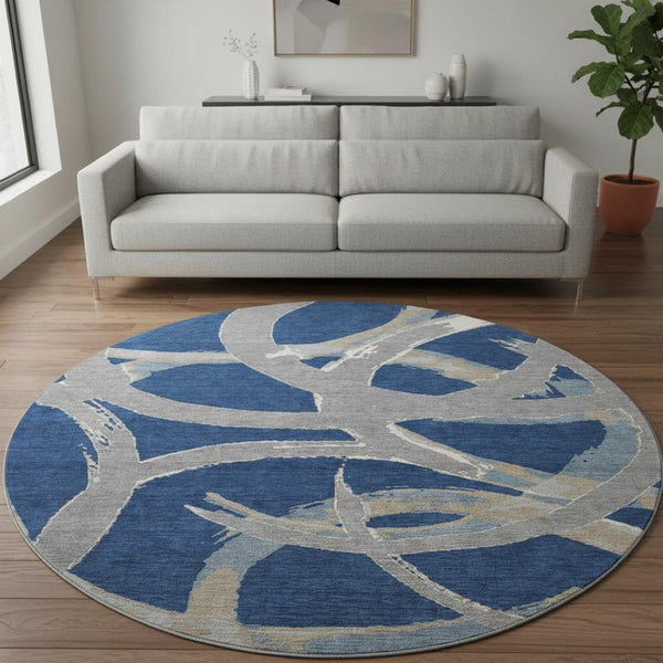 HomeRoots 8' Modern Abstract Washable Round Rug in Navy Blue, Gray & Ivory - UV Protected & Stain Resistant 680262