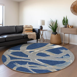 HomeRoots 8' Modern Abstract Washable Round Rug in Navy Blue, Gray & Ivory - UV Protected & Stain Resistant 680262