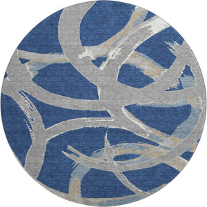 HomeRoots 8' Modern Abstract Washable Round Rug in Navy Blue, Gray & Ivory - UV Protected & Stain Resistant 680262